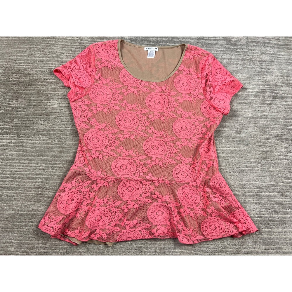 Hannah Womens XL Pink Floral Lace Peplum Top Short Sleeve Scoop Neck Lined